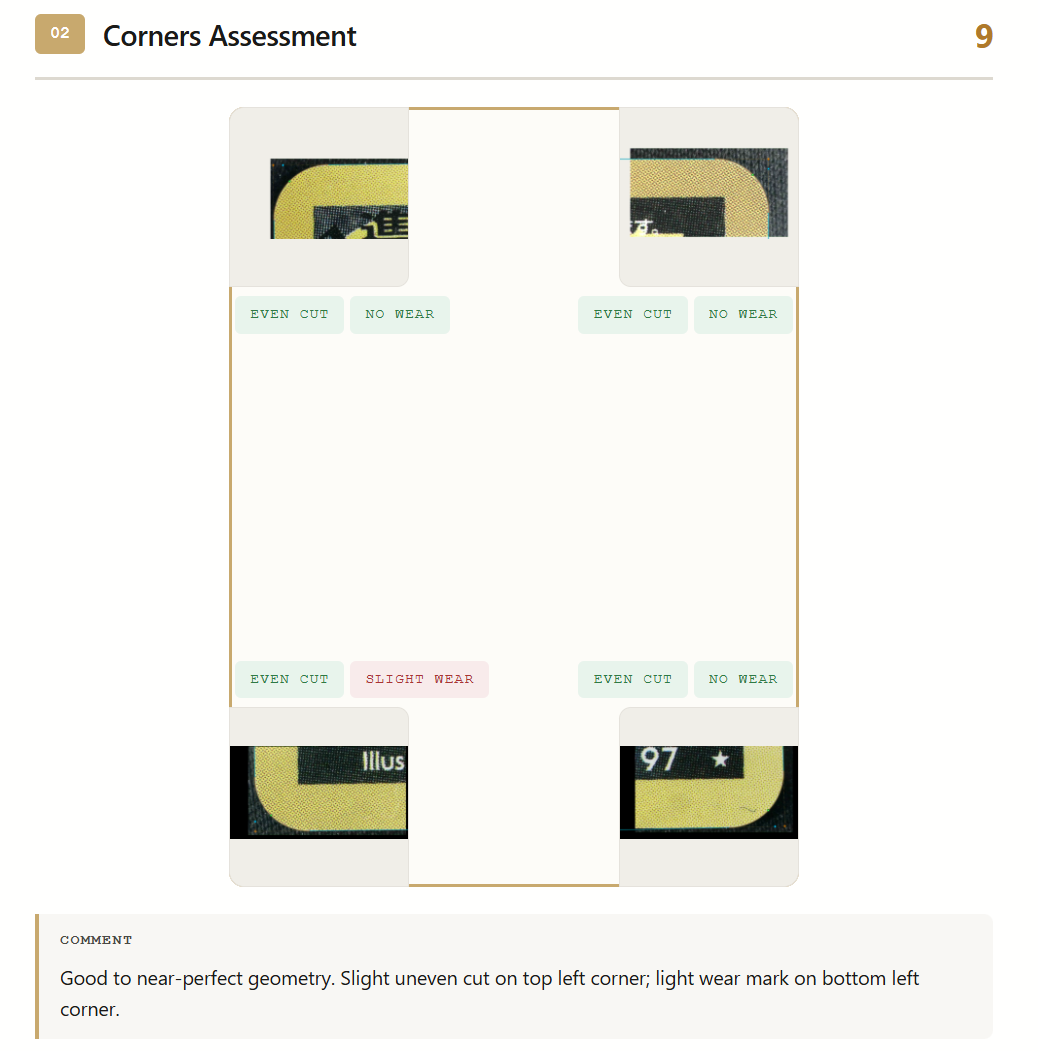 Corner assessment in card grading report with wear labels