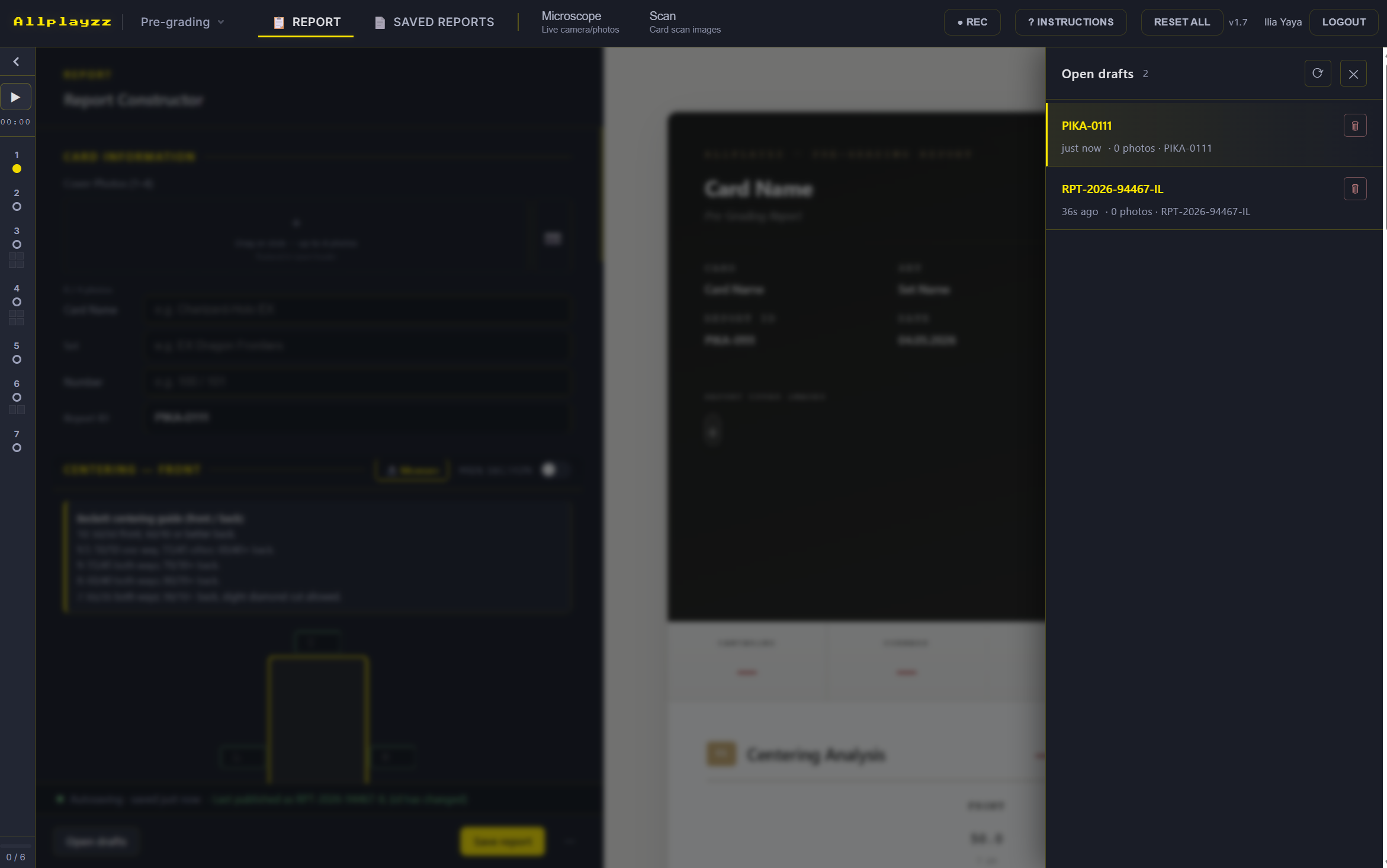 Open drafts drawer inside the card pre-grading report builder
